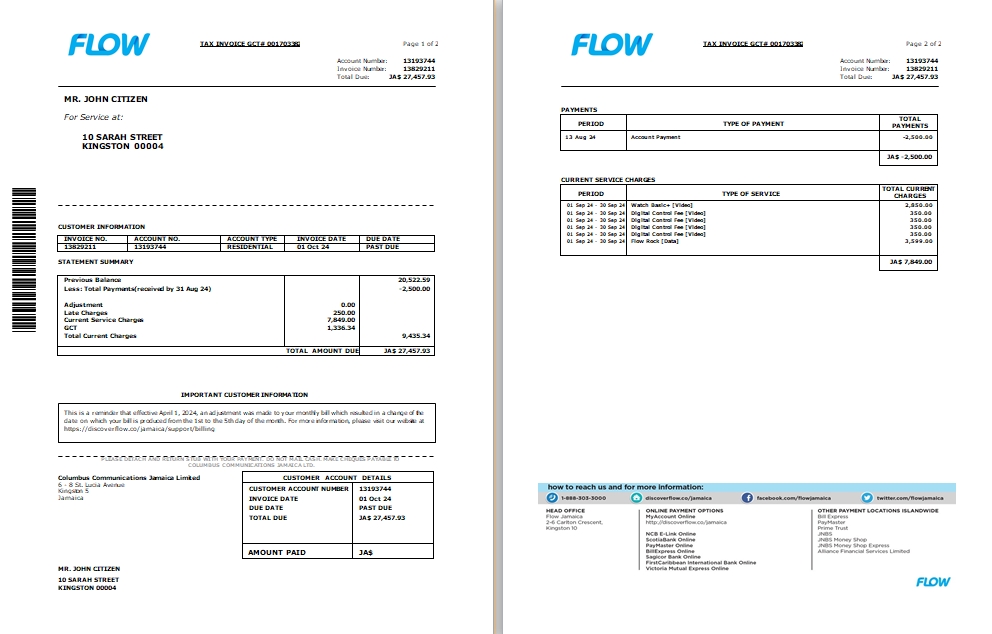 Jamaica Flow tax invoice cable and internet bill Word and PDF template, 2 pages SCR